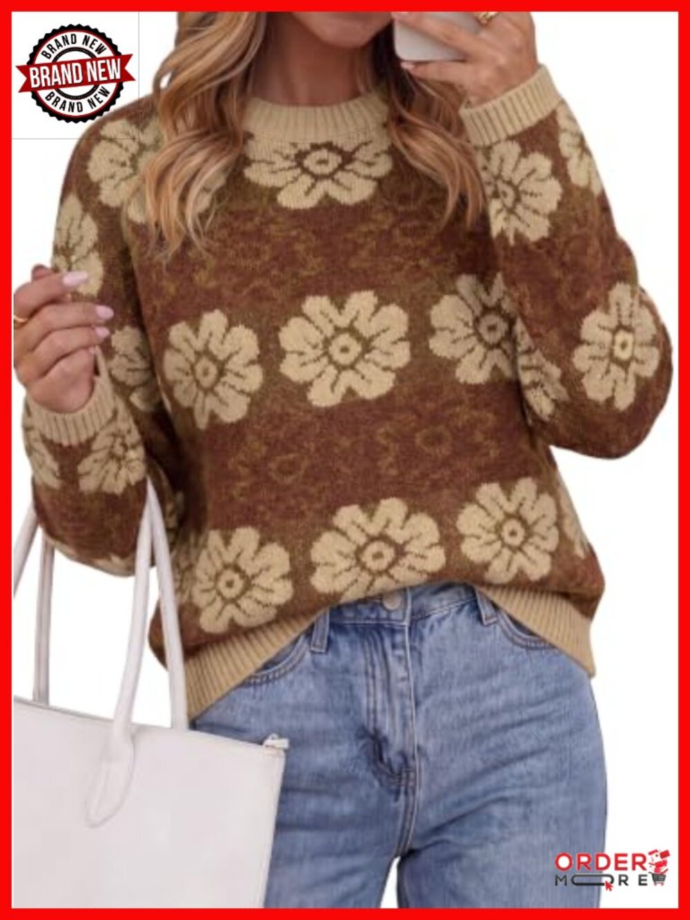 Women's Floral Crewneck Knit Pullover Sweater Loose Fit
